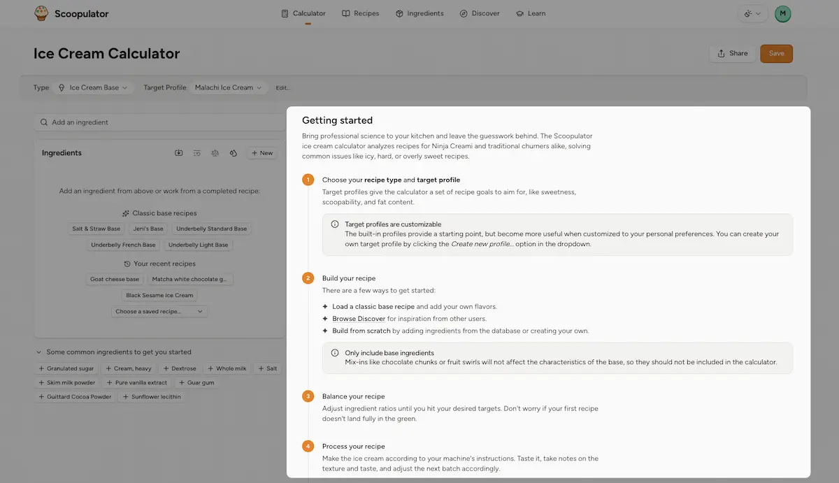 Getting started guide on the calculator page