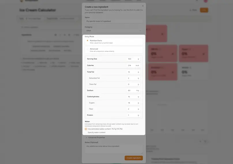 Create ingredients from nutrition facts